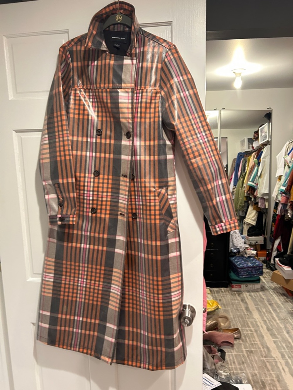 Something Navy Plaid Trench Coat in Orange, Brown & Pink